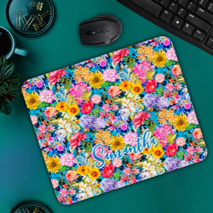 Cute aqua yellow elegant Floral pattern monogram Mouse Mat