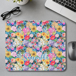 Cute aqua yellow elegant Floral pattern monogram Mouse Mat