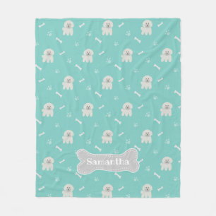 Cute Aquamarine Fluffy White Poodle Puppy Dog Bone Fleece Blanket