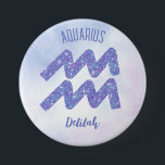Cute Aquarius Astrology Sign Custom Birthday 7.5 Cm Round Badge<br><div class="desc">This pretty,  personalized purple and lavender Aquarius button features your astrological sign from the Zodiac in a beautiful sparkle like the constellations. Customize this cute gift with your name in beautiful cursive script for someone with a late January or early February birthday.</div>