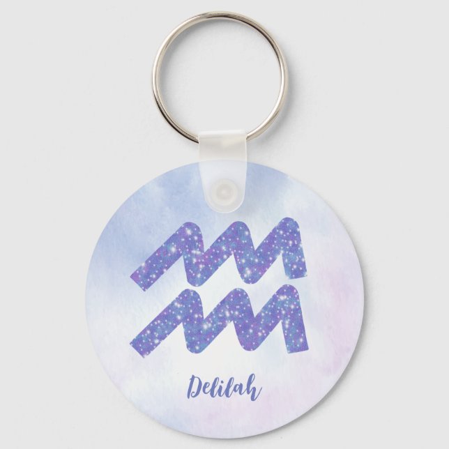 Cute Aquarius Astrology Sign Personalised Purple Key Ring (Front)