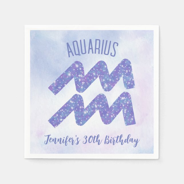 Cute Aquarius Purple Astrology Sign Birthday Party Napkin (Front)