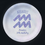 Cute Aquarius Purple Astrology Sign Birthday Party Paper Plate<br><div class="desc">This pretty,  personalised purple and lavender Aquarius birthday party paper plate features your astrological sign from the Zodiac in a beautiful sparkle like the constellations. Customise this cute decor with your name in beautiful cursive script for someone with a late January or early February birthday.</div>