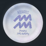 Cute Aquarius Purple Astrology Sign Birthday Party Paper Plate<br><div class="desc">This pretty,  personalised purple and lavender Aquarius birthday party paper plate features your astrological sign from the Zodiac in a beautiful sparkle like the constellations. Customise this cute decor with your name in beautiful cursive script for someone with a late January or early February birthday.</div>