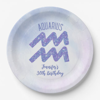 Cute Aquarius Purple Astrology Sign Birthday Party Paper Plate