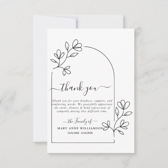 Cute Arch Text Script Funeral Thank You Card (Front)
