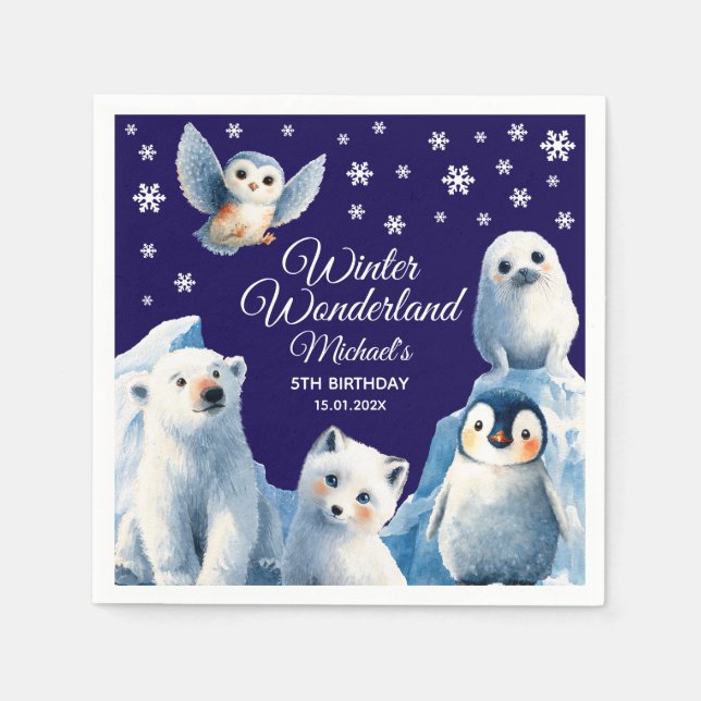 Cute Arctic Animals Blue Winter Kids' Birthday  Napkin (Front)