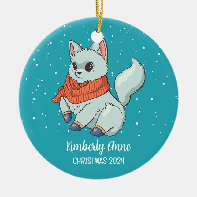 Cute Arctic Fox Christmas Snowy Winter Holiday Ceramic Tree Decoration (Front)