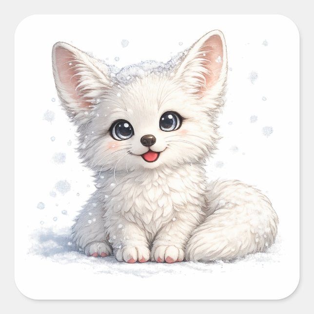 Cute Arctic Fox Cosy Positive Vibes Design Square Sticker (Front)