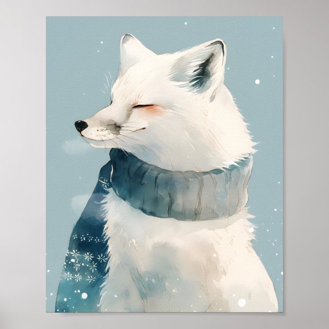 Cute Arctic Fox Nursery Wall Art Watercolor Poster (Front)