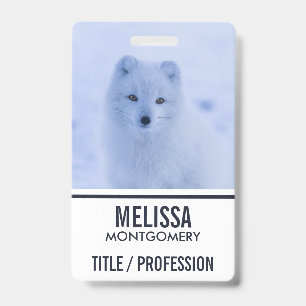 Cute Arctic Fox on Snowy Winter Background ID Badge