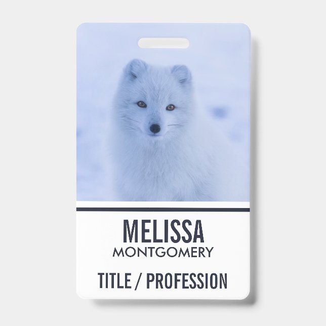 Cute Arctic Fox on Snowy Winter Background ID Badge (Front)