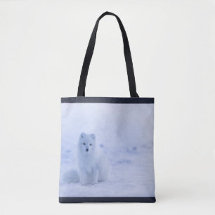 Cute Arctic Fox on Snowy Winter Background Tote Bag