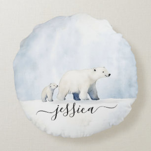 Cute arctic polar bear family script name round cushion