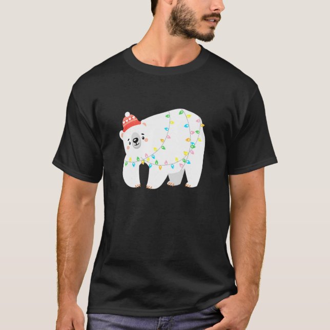 Cute Arctic Polar Bear Lights Tree Christmas T-Shirt (Front)