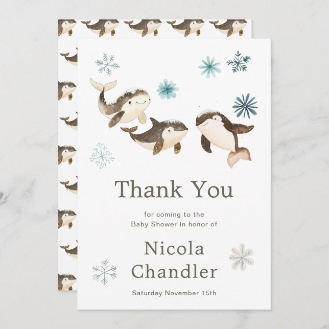 Cute Arctic Whale Baby Shower  Thank You Card (Front/Back)
