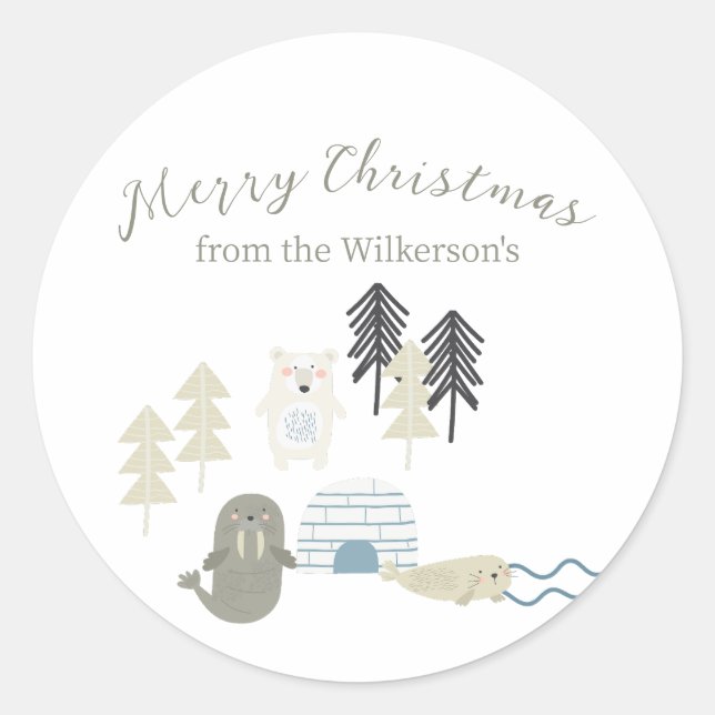 Cute Arctic Winter Animals Classic Round Sticker (Front)