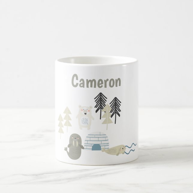 Cute Arctic Winter Animals Custom Name Coffee Mug (Center)