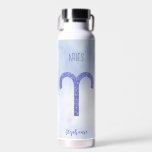 Cute Aries Astrology Sign Personalised Water Bottle<br><div class="desc">This pretty,  personalised purple and lavender Aries water bottle features your astrological sign from the Zodiac in a beautiful sparkle like the constellations. Customise this cute gift with your name in beautiful cursive script for someone with a late March or early April birthday.</div>