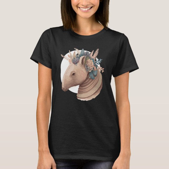 Cute Armadillo Flower Crown Watercolor Animal T-Shirt (Front)
