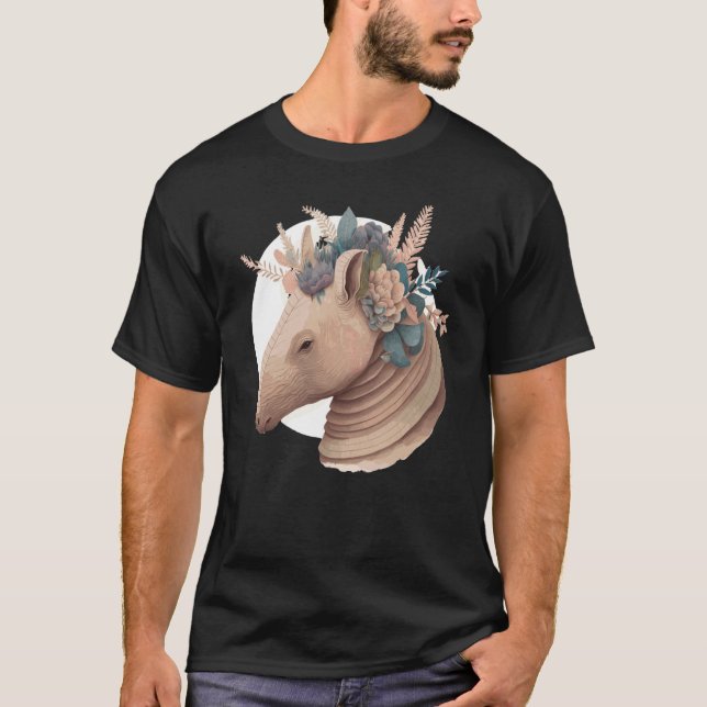 Cute Armadillo Flower Crown Watercolor Animal T-Shirt (Front)