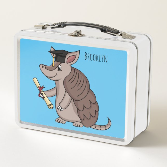 Cute armadillo with graduation cap cartoon metal lunch box (Front)