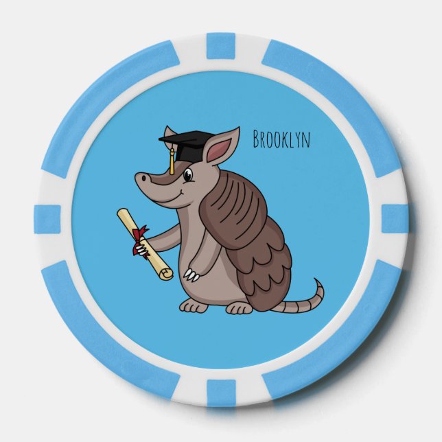 Cute armadillo with graduation cap cartoon poker chips (Front)