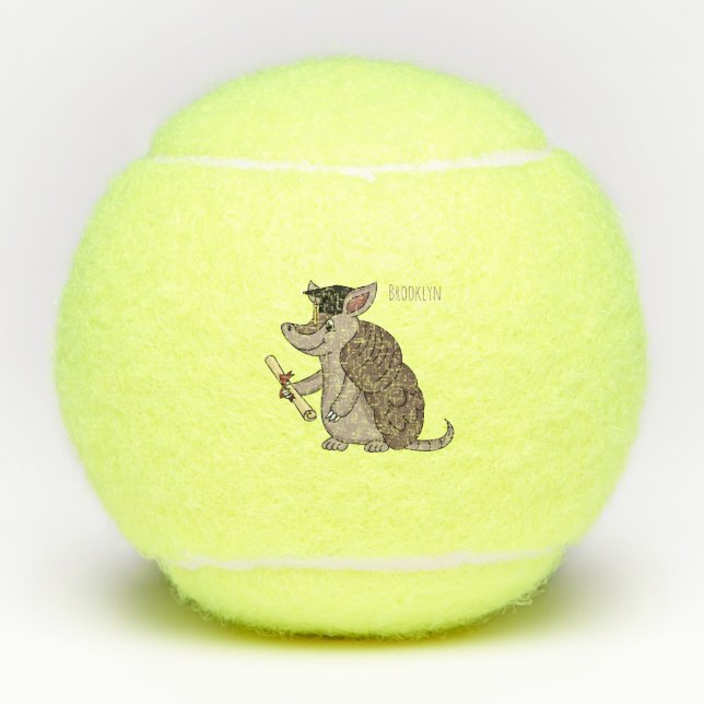 Cute armadillo with graduation cap cartoon tennis balls (Front)
