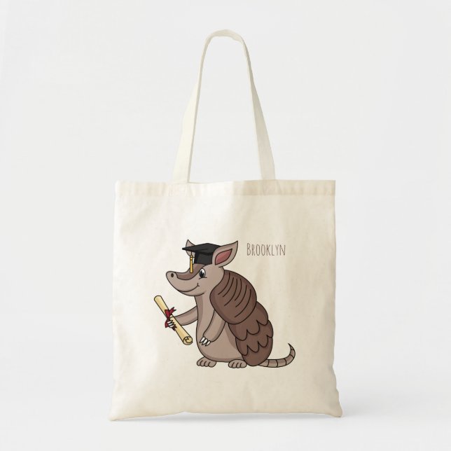 Cute armadillo with graduation cap cartoon tote bag (Front)