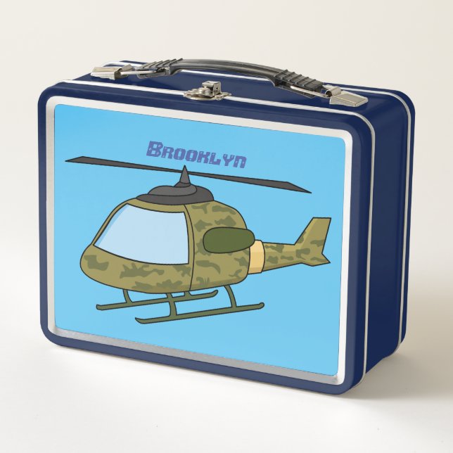 Cute army camoflage helicopter cartoon metal lunch box (Front)