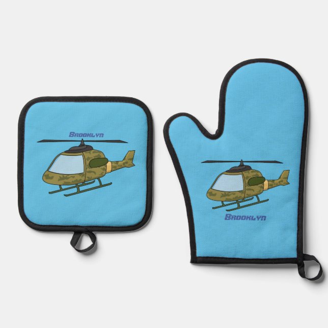 Cute army camoflage helicopter cartoon oven mitt & pot holder set (Front)