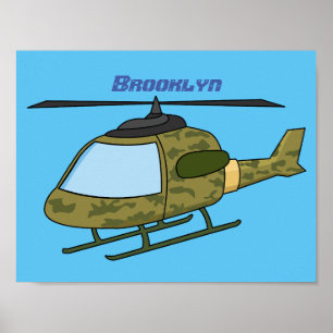 Cute army camoflage helicopter cartoon poster