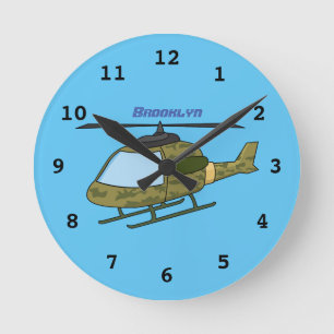 Cute army camoflage helicopter cartoon round clock