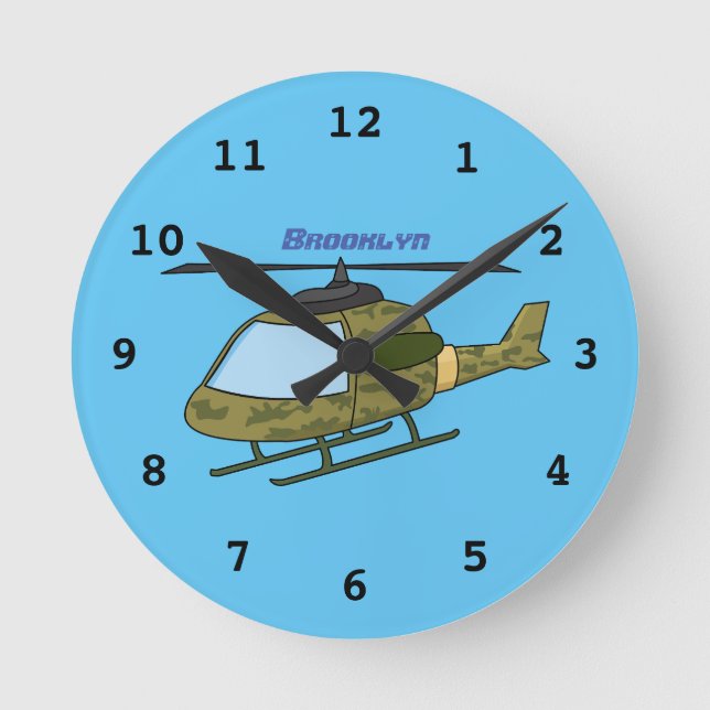 Cute army camoflage helicopter cartoon  round clock (Front)