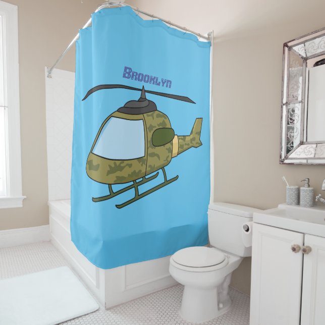 Cute army camoflage helicopter cartoon shower curtain (In Situ)