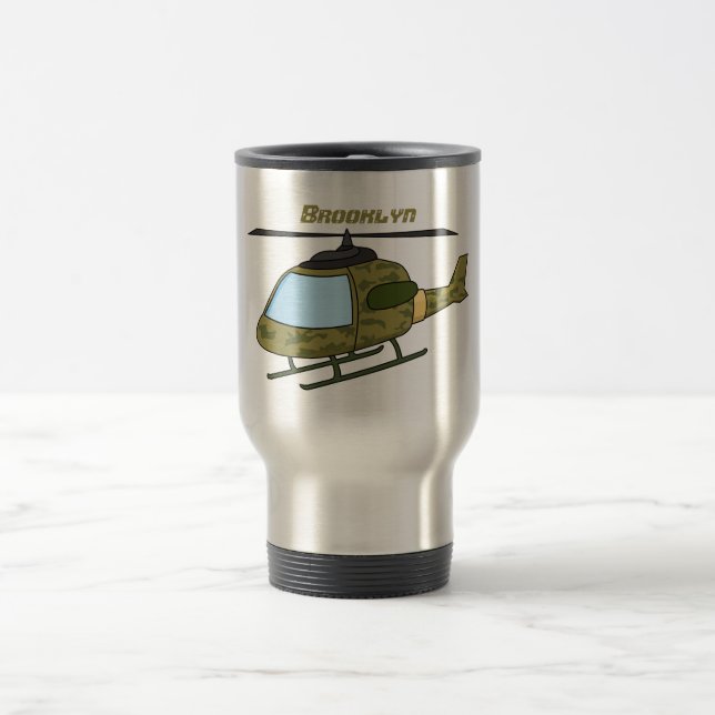 Cute army camoflage helicopter cartoon travel mug (Center)