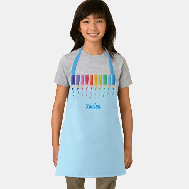 Cute Art Class Coloured Pencils Kids Personalised Apron (Insitu)