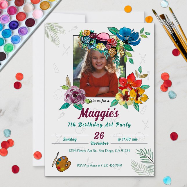 Cute Art Painting Kid's Birthday Party Invitation (Cute playful watercolor flowers and a hat photo art girl's birthday party invitation.)