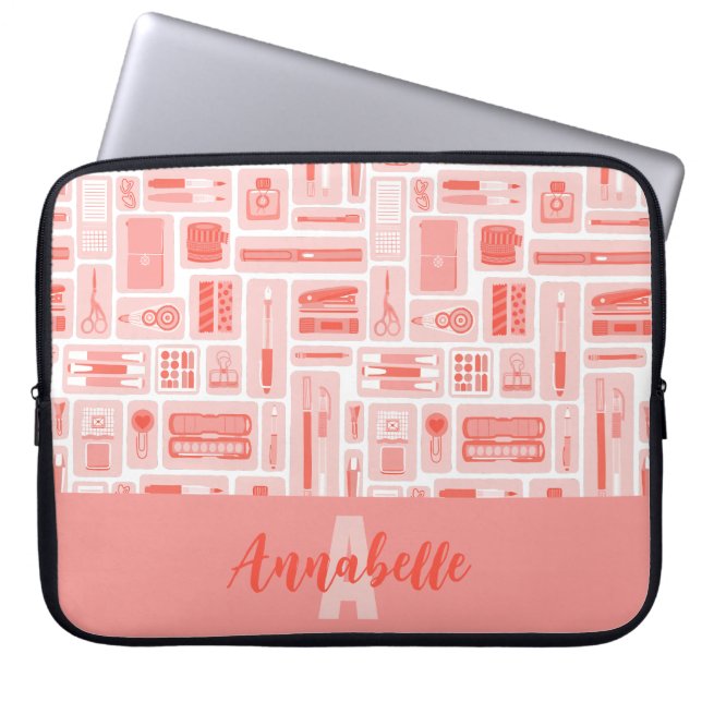 Cute Art Supplies Coral Red Pattern Monogram Laptop Sleeve (Front)