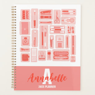 Cute Art Supplies Illustrated Pattern Coral Red Planner