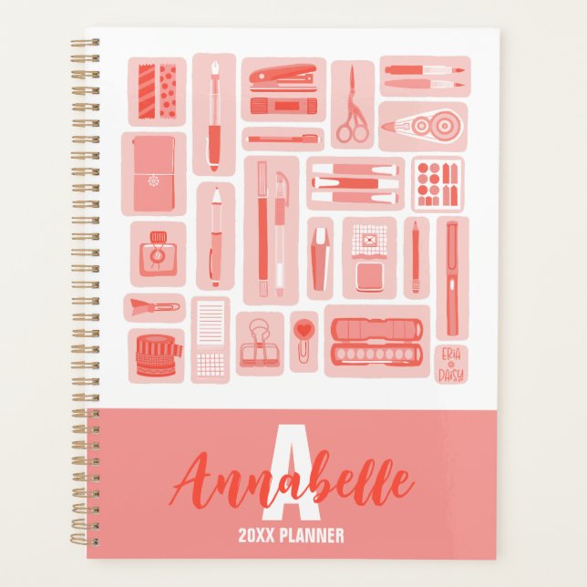 Cute Art Supplies Illustrated Pattern Coral Red Planner (Front)