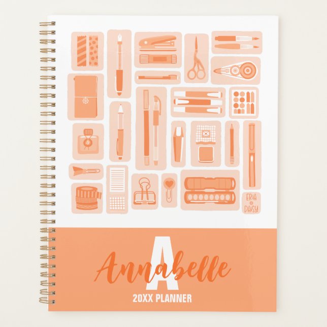Cute Art Supplies Illustrated Pattern Peach Orange Planner (Front)