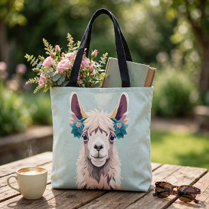 Cute Art Teal Pastel Llama Tote Bag