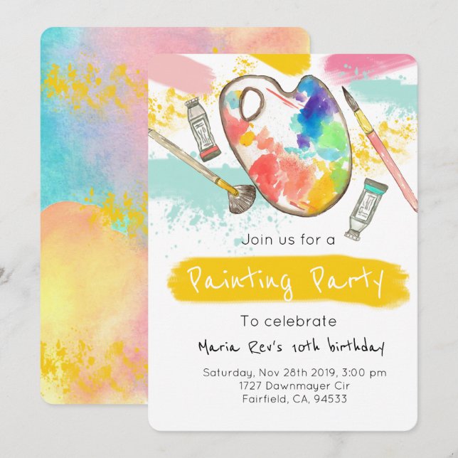 Cute artist painting kid party birthday invite (Front/Back)