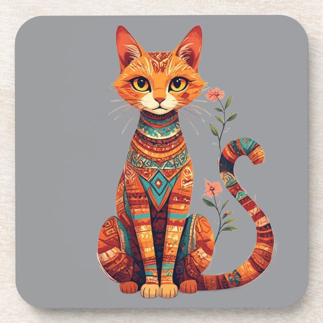 Cute Artistic Cat with Floral Branch Coaster (Front)