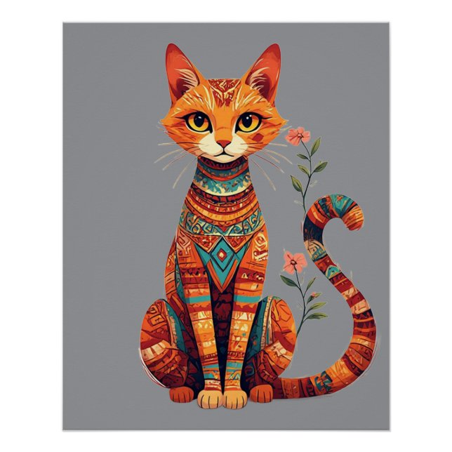 Cute Artistic Cat with Floral Branch Poster (Front)