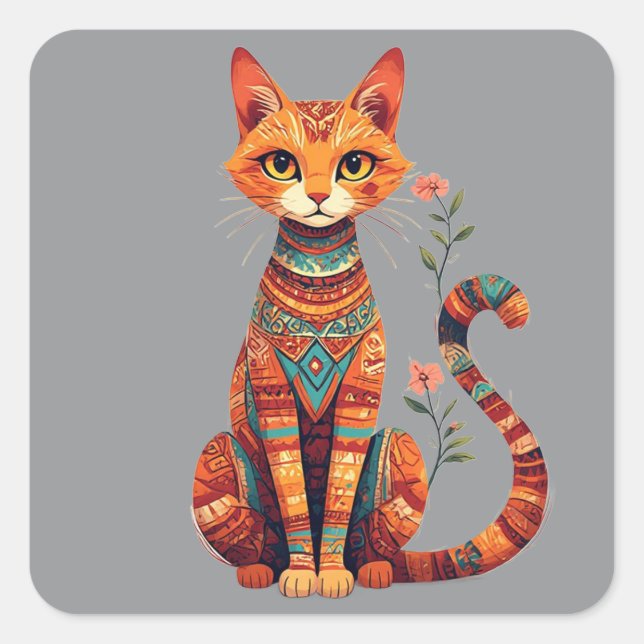 Cute Artistic Cat with Floral Branch Square Sticker (Front)