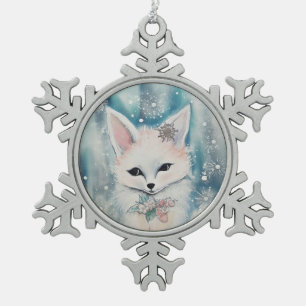 Cute Artistic Christmas Animals Winter Fox Snowflake Pewter Christmas Ornament