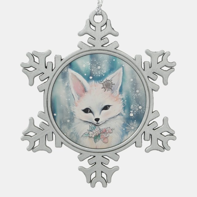 Cute Artistic Christmas Animals Winter Fox Snowflake Pewter Christmas Ornament (Front)