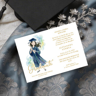 Cute Artistic Soft Blue Girl Graduation Watercolor Invitation